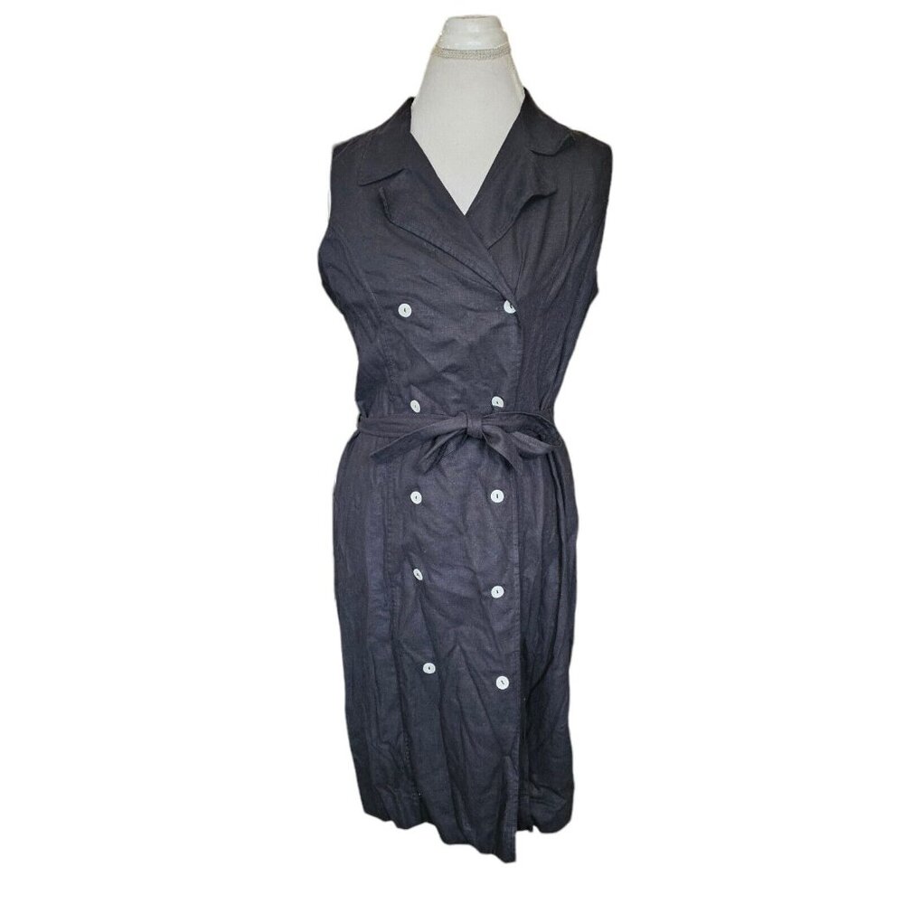 2000s Y2K Womens Medium Shirt Dress Linen Blend Black Button‎ Up Sleeveless